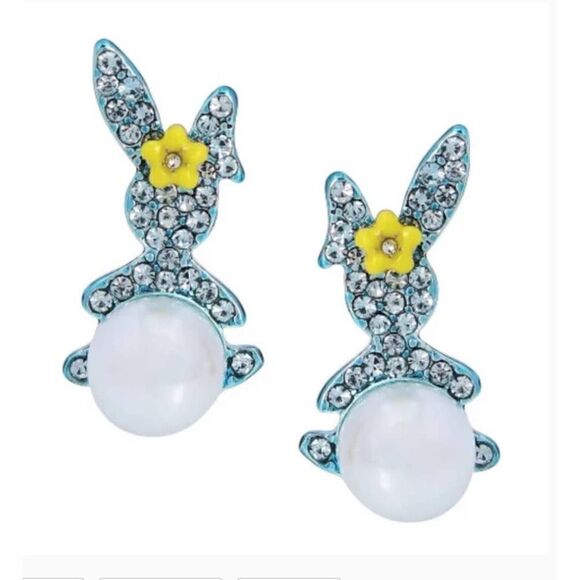 BETSEY JOHNSON Easter Rabbit Bunny Crystal & Pearl Earrings *NWT* - Picture 1 of 10
